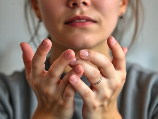 Close-up of a person's hands gently doing a deep breathing exercise, with a relaxed facial expression, emphasizing anxiety management just before an important interview.