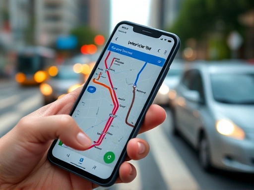A close-up image of a smartphone displaying a public transportation navigation app with real-time bus and subway routes, a hand holding the phone, and a blurred background of city traffic, highlighting interview day transportation checks.