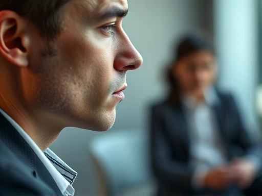 Close-up of a person taking a deep breath and maintaining composure during a job interview, with a blurred interview room background. Emphasize inner calm and confidence, focusing on their focused expression.