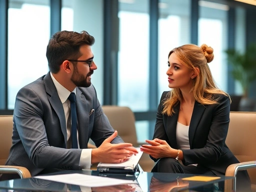 A professional male interviewer and a confident female candidate engaged in a focused discussion in a modern office, emphasizing communication and strategy.
