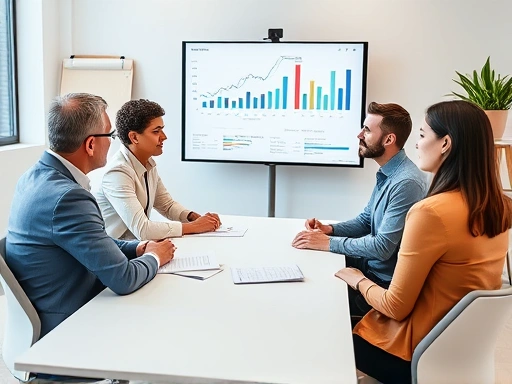 A professional setting with a diverse group of interviewers collaborating to evaluate a candidate, showing a balanced and structured approach, with data analysis on a screen in the background.