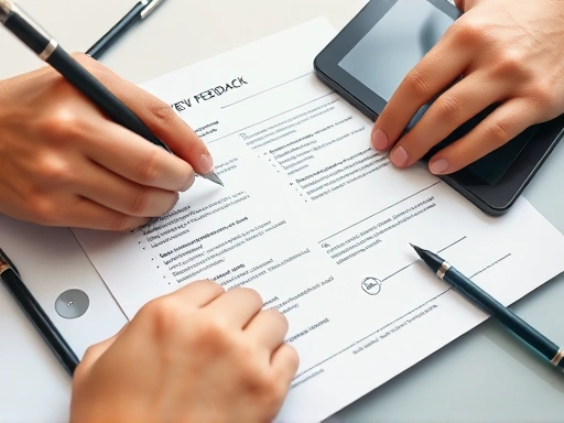 A close-up shot of hands highlighting key points on a detailed interview feedback sheet, surrounded by pens and a tablet, conveying the analytical process of identifying strengths and weaknesses.