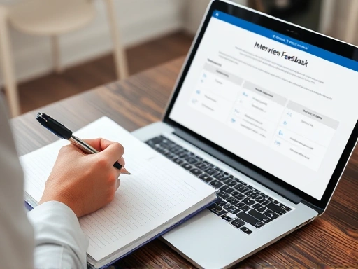 A focused shot of a person diligently writing notes in a notebook, with a laptop open showing a structured interview feedback template, symbolizing organization and self-reflection for improvement.