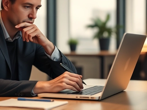 A professional setting, a person thoughtfully writing an email on a laptop, symbolizing constructive feedback request after interview rejection, with a calm and determined expression, warm light and modern office elements.