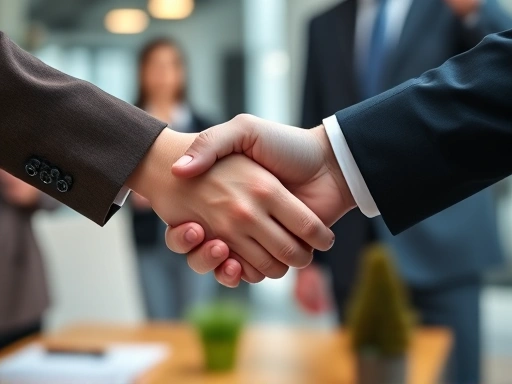 A close-up shot of two hands shaking, representing a successful interview conclusion, with a blurred background of an office setting and a sense of confidence and professionalism.