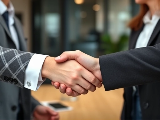 A close-up shot of two people, one a professional interviewer and the other a job candidate, shaking hands firmly and making eye contact, symbolizing trust and a strong first impression in an interview setting, with a blurred office background.