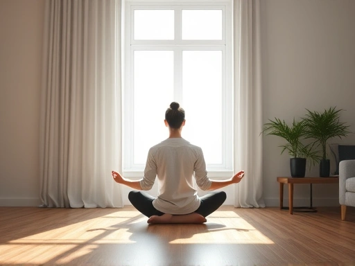 A person meditating calmly in a well-lit, minimalist room, visualizing a successful job interview. Focus on serenity and mental clarity. SEO: interview meditation, mindfulness, focus.