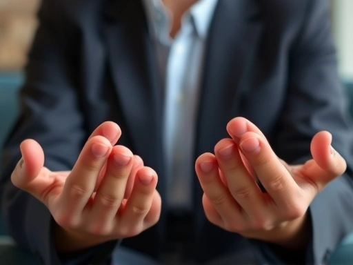 Close-up shot of hands performing a breathing exercise, with a subtle blur of an interview setting in the background. Emphasize calm and controlled breathing. SEO: mental training, interview anxiety, breathing techniques.