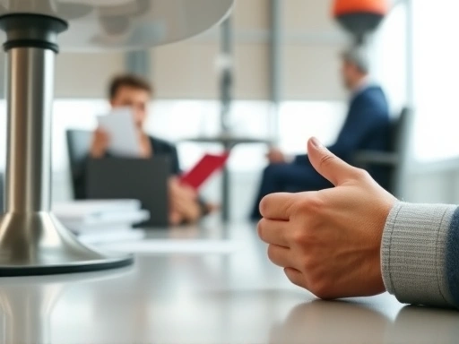 Close-up of a nervous job candidate's hands fidgeting under a table, illustrating a common interview mistake, with a blurred professional interview setting in the background.