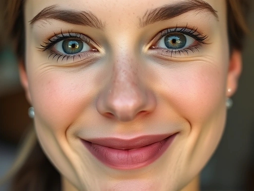 A close-up shot of a person's face displaying subtle positive non-verbal cues: soft, engaging eye contact, a slight genuine smile, and relaxed facial muscles.