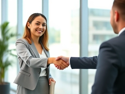 A professional, bright, and confident job candidate shaking hands with an interviewer in a modern office setting, both smiling, emphasizing open posture and genuine smiles.
