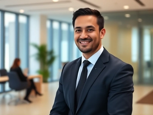 A candidate in a neatly tailored dark suit, smiling confidently, in a bright, modern office interview setting, emphasizing professional attire and positive first impression.