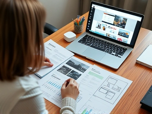 A person diligently preparing their professional portfolio on a desk, with both printed documents and a laptop displaying digital designs, emphasizing organized preparation for job interviews.