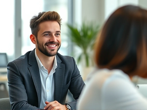 A candidate actively listening and smiling confidently during a job interview, showing positive energy and engagement, in a modern office setting.