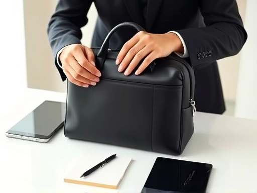 A professional and polished candidate carefully organizing a sleek, minimalist interview bag on a clean desk, with essential items like a notepad, pen, and a tablet visible, highlighting meticulous preparation for an important job interview.