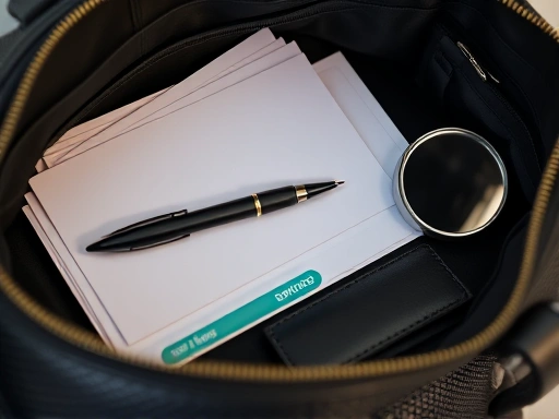 Close-up shot of an organized interview bag's interior, showing neatly placed professional documents, a high-quality pen, a compact hand sanitizer, and a small, subtle mirror, emphasizing attention to detail for an interview.