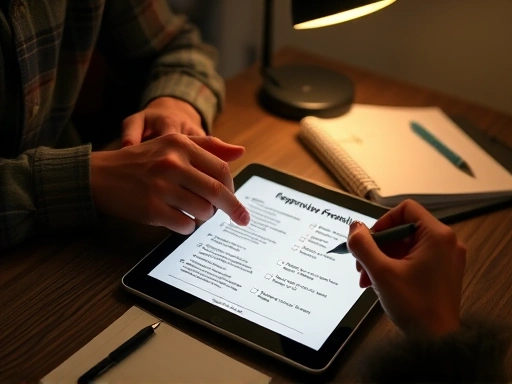 A person diligently checking a comprehensive preparation checklist on a tablet the night before a job interview, with a planner and pen on a desk, conveying organized readiness and essential tasks for a smooth interview experience.