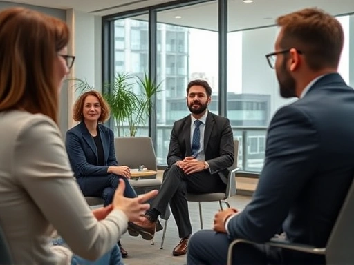 A focused shot of a well-dressed candidate confidently discussing with multiple interviewers in a modern office, showing strategic communication and engagement during a multi-round interview. Professional, determined, confident atmosphere.