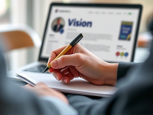 Close-up of a hand taking notes during an interview, with a laptop showing a company's vision and mission, emphasizing meticulous preparation and research for multi-round interviews. Professional, detailed, strategic focus.