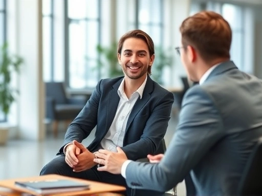 A confident person successfully navigating a job interview, showing positive body language and engaged conversation in a modern office setting, representing interview success and practical know-how.