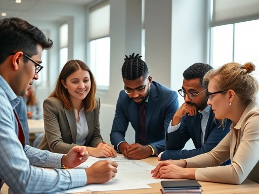 A close-up shot of a diverse group of professionals intensely discussing and brainstorming solutions around a table, illustrating problem-solving during a simulation interview, with focused expressions and active participation.