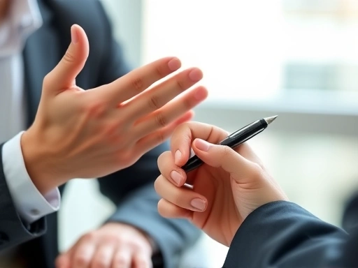 A close-up of two hands, one gesturing calmly, the other holding a pen, emphasizing the subtle interactions and feedback exchange in a professional interview.