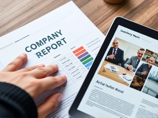 Close-up of a hand highlighting key information on a printed company annual report, next to a tablet displaying industry news, signifying thorough preparation.