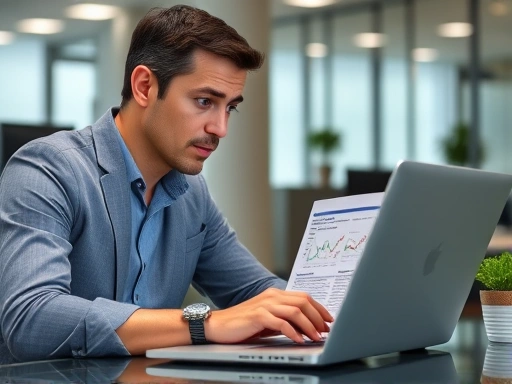 A person intently researching on a laptop with various charts and news headlines, showing a determined and prepared expression, in a modern office setting.