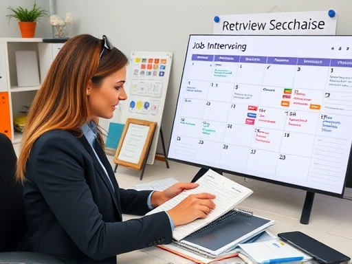 A professional job seeker meticulously managing multiple interview schedules on a digital calendar and a physical planner, surrounded by notes and company logos, in a modern, organized home office setting.
