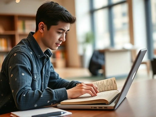 A person diligently working on a laptop with a notebook open, symbolizing self-development and learning, in a modern, well-lit study environment.