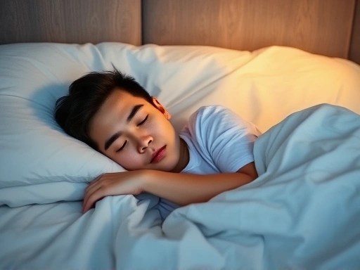 A calm person sleeping peacefully in a comfortable bed, surrounded by soft lighting, representing optimal sleep for interview preparation. Focus on serenity and preparedness.