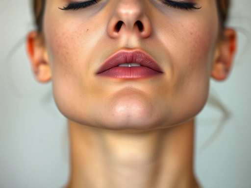 A close-up of a person practicing deep breathing exercises, with relaxed facial expression and closed eyes, demonstrating stress management techniques. Emphasize tranquility and focus.