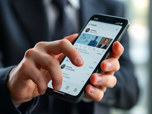 Close-up of a hand scrolling through a social media feed on a smartphone, with blurred professional background, highlighting the detail of checking privacy settings or past posts for interview preparation.