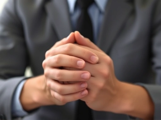 Close-up of hands gently clasped, illustrating subtle progressive muscle relaxation or mindfulness techniques in a professional interview setting.
