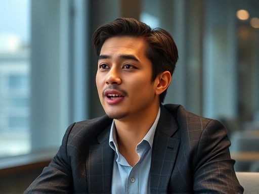 A person confidently speaking during a job interview, with clear, strong vocal projection and articulate pronunciation, subtle background of interview room.