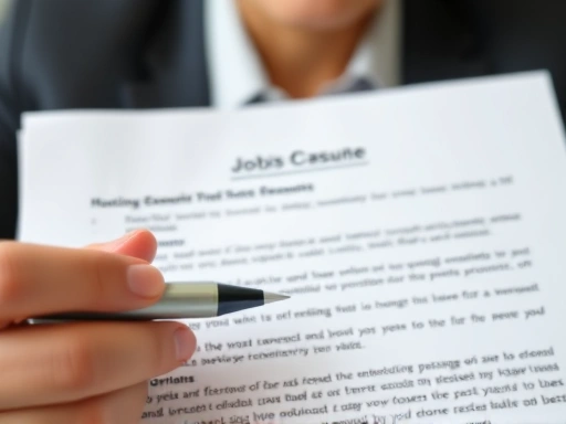 Close-up of a hand holding a pen, highlighting key points on a resume or interview preparation notes about job change reasons, with a blurred background of a confident professional. Focus on detailed planning and strategic keywords.