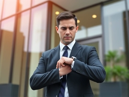 A professional, calm person checking their watch anxiously outside an office building, symbolizing interview day stress and unexpected delays, with a modern, clean visual style.