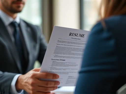 Close-up view of a job seeker confidently presenting their resume and engaging in a focused interview, subtly conveying their commitment and vision for a long-term career with the company, highlighting professional communication and preparedness.