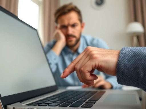 A close-up shot of a person's hand pressing a power button on a laptop, with a worried expression in the background, illustrating a technical issue during an online interview, in a well-lit, quiet room.
