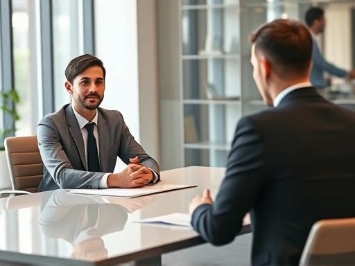 A confident person sitting across from an interviewer at a modern office table, showcasing a professional and calm demeanor during a job interview, with a focus on strategic communication.