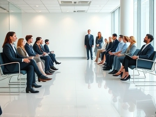 A clean, modern job interview waiting room with several professionally dressed candidates maintaining composed and attentive postures, reflecting positive waiting room etiquette.