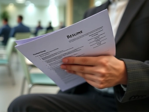 Close-up of a job candidate's hands holding a neat resume, showing calm and focused preparation in a well-lit interview waiting area.