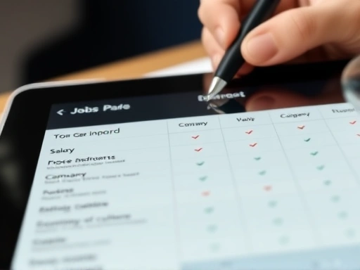 Close-up on a tablet screen showing a detailed comparison table of job offers from different companies, highlighting salary, benefits, and company culture, with a blurred background of a hand holding a pen.