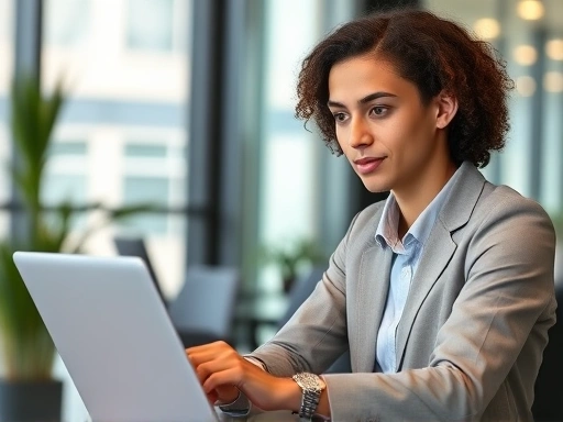 A professional young adult in a modern office setting, looking at a laptop with a calm and confident expression, showing proactive engagement in relationship management during a job waiting period. The scene should convey a sense of anticipation and readiness.