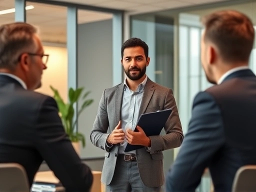A confident candidate effectively presenting in a modern corporate office during a marketing job interview, symbolizing strong preparation.