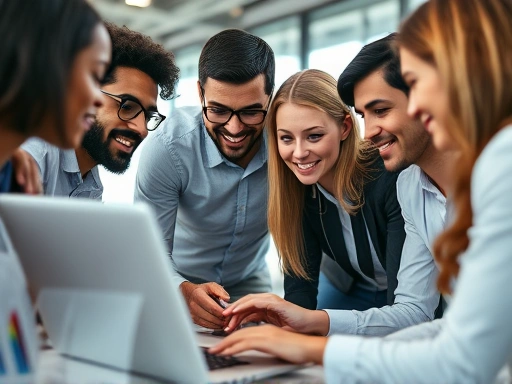 Close-up: Diverse team analyzing marketing data on a laptop, showing collaborative problem-solving and strategic thinking in a corporate setting.