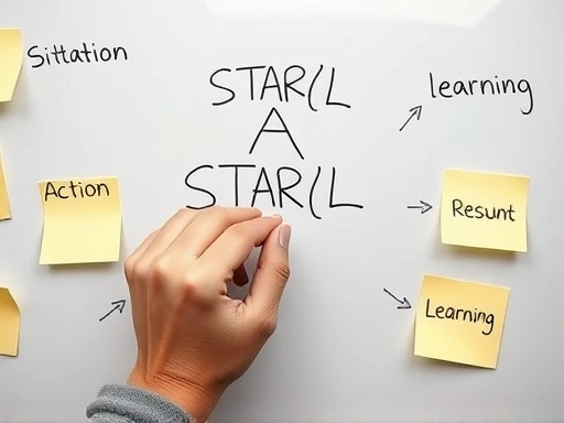 Close-up of a person's hand drawing a STAR(L) diagram on a whiteboard, surrounded by sticky notes with keywords like situation, task, action, result, learning, demonstrating a structured approach to conflict resolution storytelling.