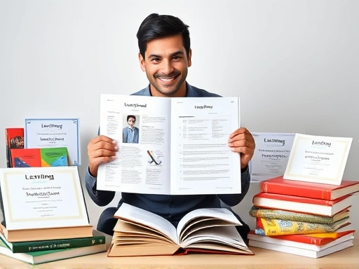 A professional demonstrating their learning ability through a detailed project portfolio, surrounded by various learning materials like books and online course certificates, showcasing a journey of continuous self-development. The scene is well-lit and organized, emphasizing growth and knowledge acquisition.
