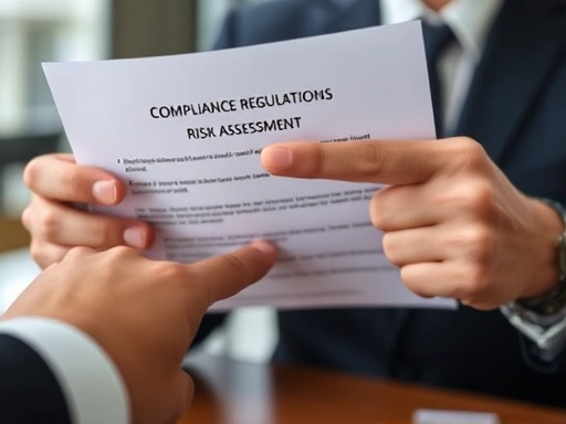 Close-up of a legal professional's hands pointing at a document outlining compliance regulations and risk assessment points, with a blurred background of a legal office, symbolizing meticulous attention to detail and legal precision. SEO: compliance regulations, risk assessment, legal document, professional detail.