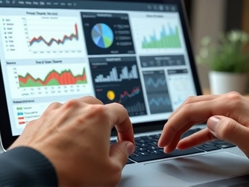 Close-up view of hands interacting with a detailed data visualization dashboard on a laptop, showing complex metrics and interactive elements, emphasizing practical data analysis.